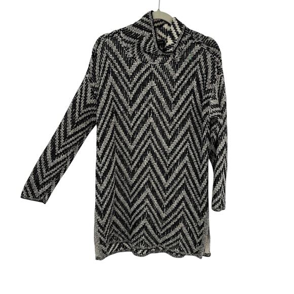 Eileen Fisher Oversize XS Baby Alpaca Tunic Sweater Black White Chevron Mockneck - Picture 1 of 7